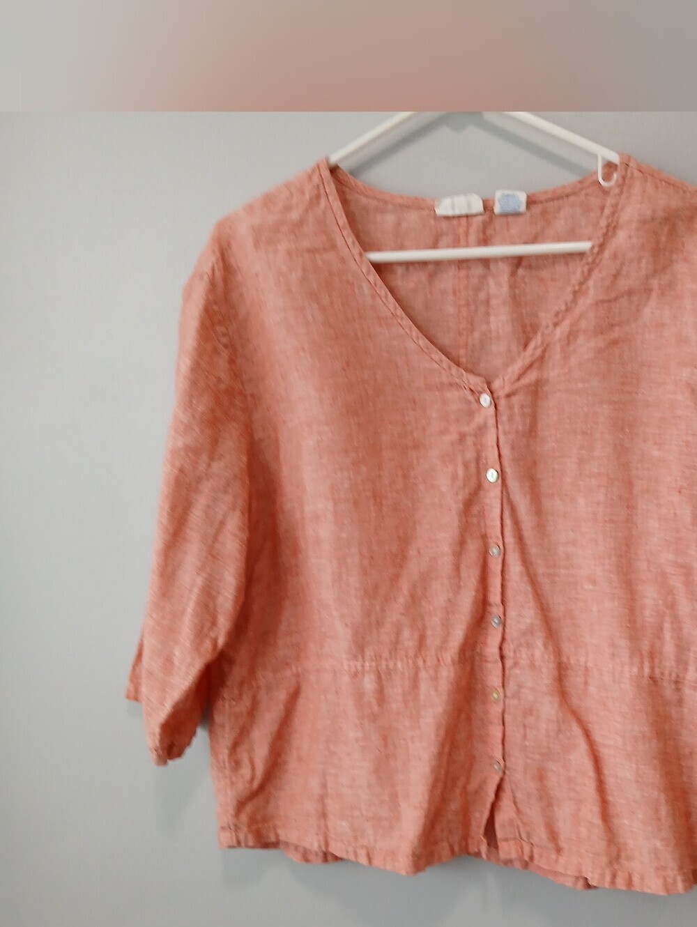 Sigrid Olsen 100% Linen Red Button-Front V-Neck Top Size Large Granola Girl